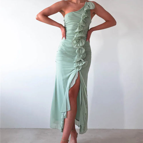 Load image into Gallery viewer, One Shoulder Draped Ruffle Maxi Dress Women Gown Fashion Diagonal Collar Backless Sleeveless Split Long Dress Elegant
