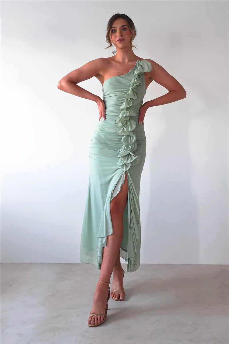 One Shoulder Draped Ruffle Maxi Dress Women Gown Fashion Diagonal Collar Backless Sleeveless Split Long Dress Elegant