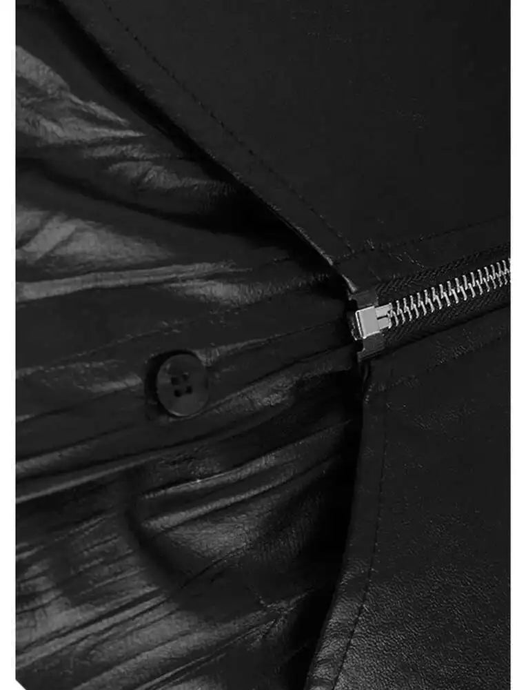 Women Black Pu Leather Pleated Big Size Mini Shirt Dress New Lapel Long Sleeve Fashion Tide Spring Autumn 2025 1DH7337