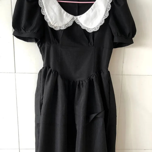 Load image into Gallery viewer, Kawaii Black Mini Dress Peter Pan Collar Vintgae Sweet Cute Wrap Puff Sleeve Short Dresses Party
