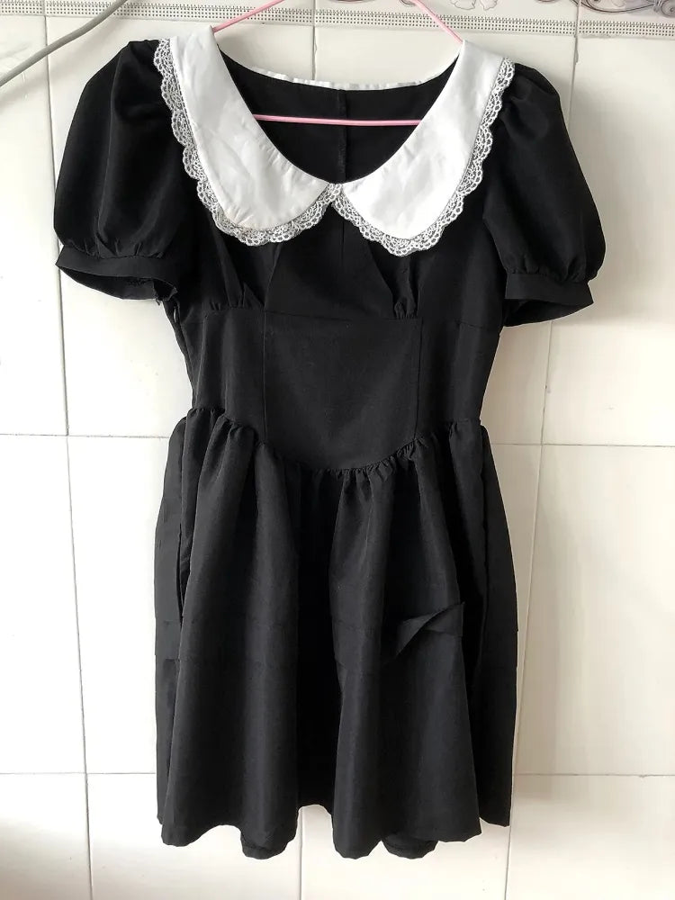 Kawaii Black Mini Dress Peter Pan Collar Vintgae Sweet Cute Wrap Puff Sleeve Short Dresses Party