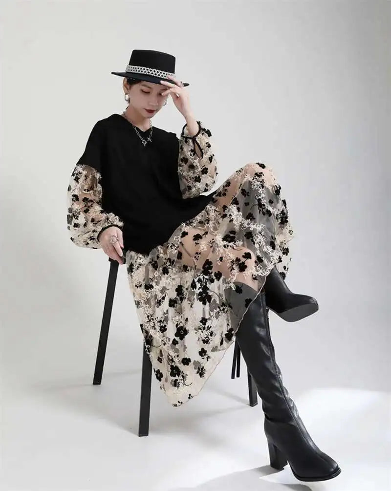 Women Pattern Printed Perspective Big Size Dress New V-Neck Long Sleeve Loose Fit Fashion Tide Spring Autumn 2025 1DE3176