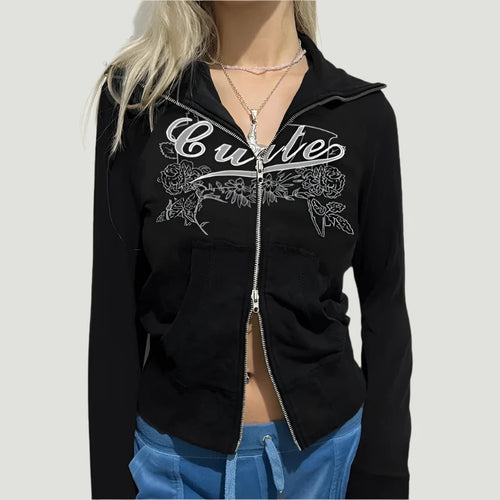 Load image into Gallery viewer, Y2k Black Graphic Hoodies Dark Academia Turtleneck Double-ended Zipper Short Jacket Womans Fall Clothes P67-DB36
