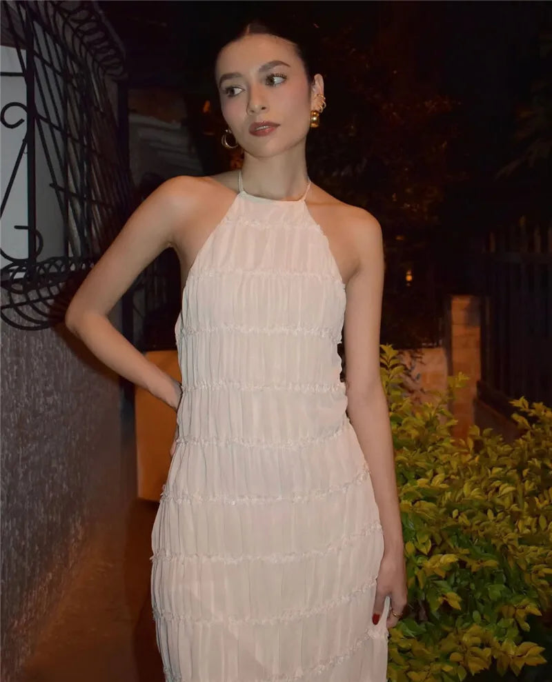 Halter Backless Sexy Maxi Dress For Women Spring Summer New Lace-up Sleeveless Pleated Beach Holiday Long Dress Elegant