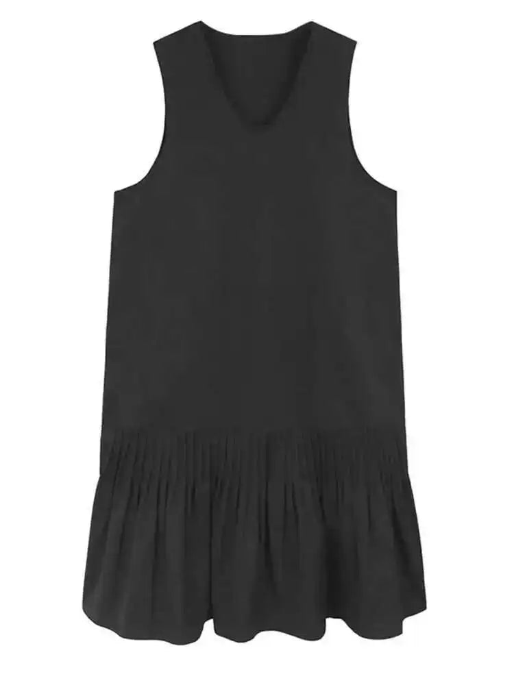 Women Black Pleated Hem Elegant Big Size Midi Vest Dress New V-Neck Sleeveless Fashion Tide Spring Autumn 2025 1DH9964