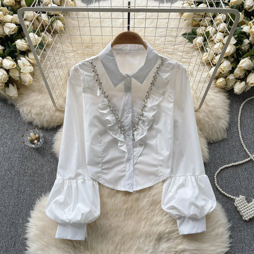 Load image into Gallery viewer, French Vintage Solid Elegant Long Sleeve Ruffle Tops Autumn Female Turn-down Collar Shirt Women Button Versatile Pleated Blouse
