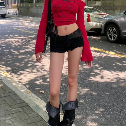 Load image into Gallery viewer, Y2k Aesthetic Skew Collar Women Sexy Cropped T-shirt Vintage Letter Print Streetwear Grunge Tshirts Harajuku Vintage Gothic Tees
