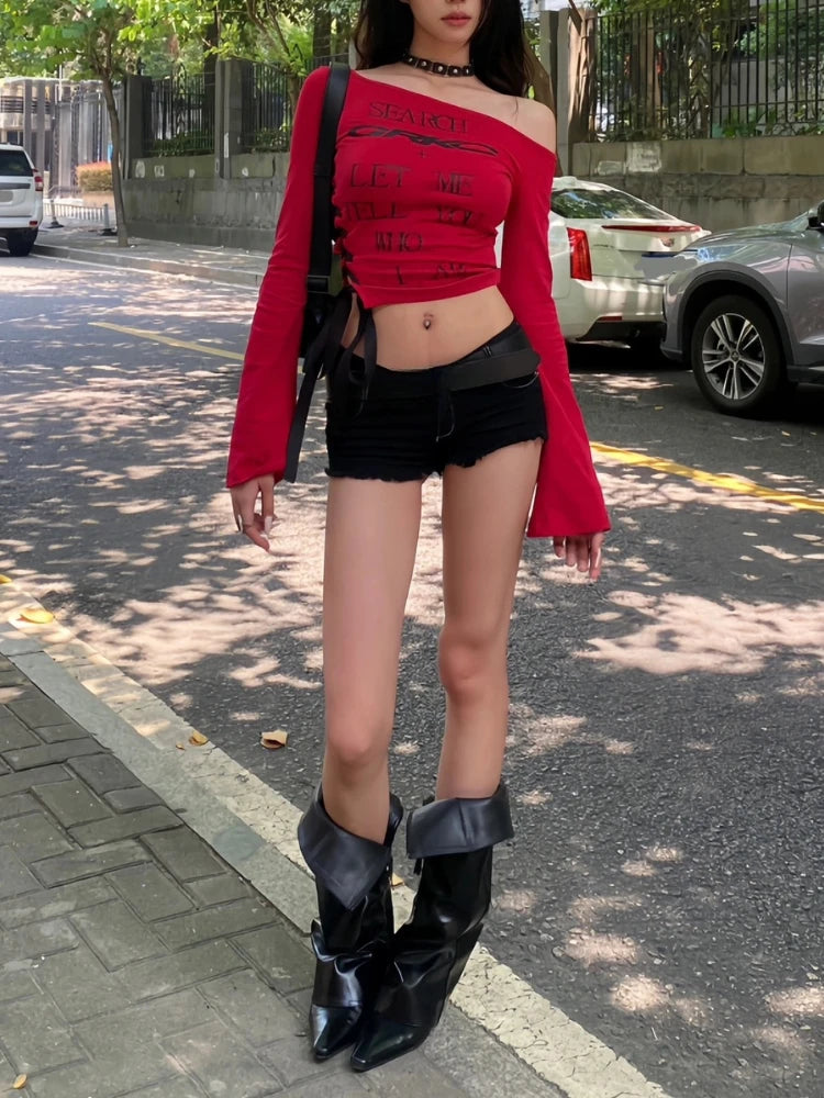 Y2k Aesthetic Skew Collar Women Sexy Cropped T-shirt Vintage Letter Print Streetwear Grunge Tshirts Harajuku Vintage Gothic Tees