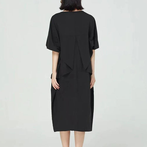 Load image into Gallery viewer, Women Blue Pleated Irregular Big Size Midi Dress New Round Neck Short Sleeve Fashion Tide Spring Summer 2025 1DJ1230
