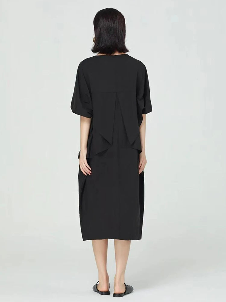 Women Blue Pleated Irregular Big Size Midi Dress New Round Neck Short Sleeve Fashion Tide Spring Summer 2025 1DJ1230