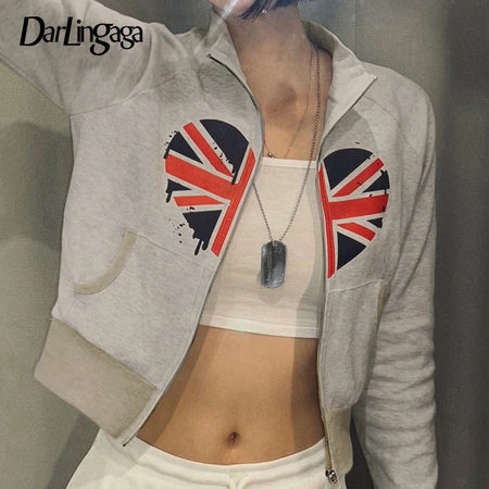 Streetwear Zipper Graphic Print Grey Jacket Women Fashion Design Autumn Outwear High Waist Coat Turtleneck Casual New