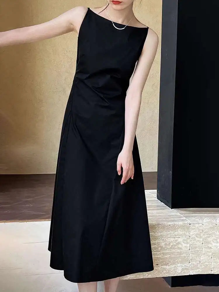 Women Black Pleated Elegant Pleated Long A-line Dress New Round Neck Sleeveless Fashion Tide Spring Summer 2025 1DH6117