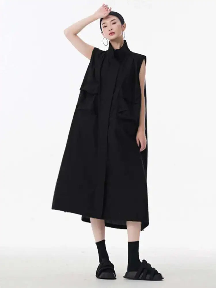 Women Green Pocket Hem Drawstring Big Size Vest Dress New Stand Collar Sleeveless Fashion Tide Spring Autumn 2025 1DJ0147