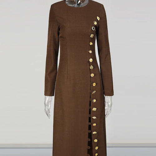 Load image into Gallery viewer, Solid Slimming Spliced Breasted Fashion Dresses for Women Round Neck Long Sleeves High Waist Dress Female Clothing
