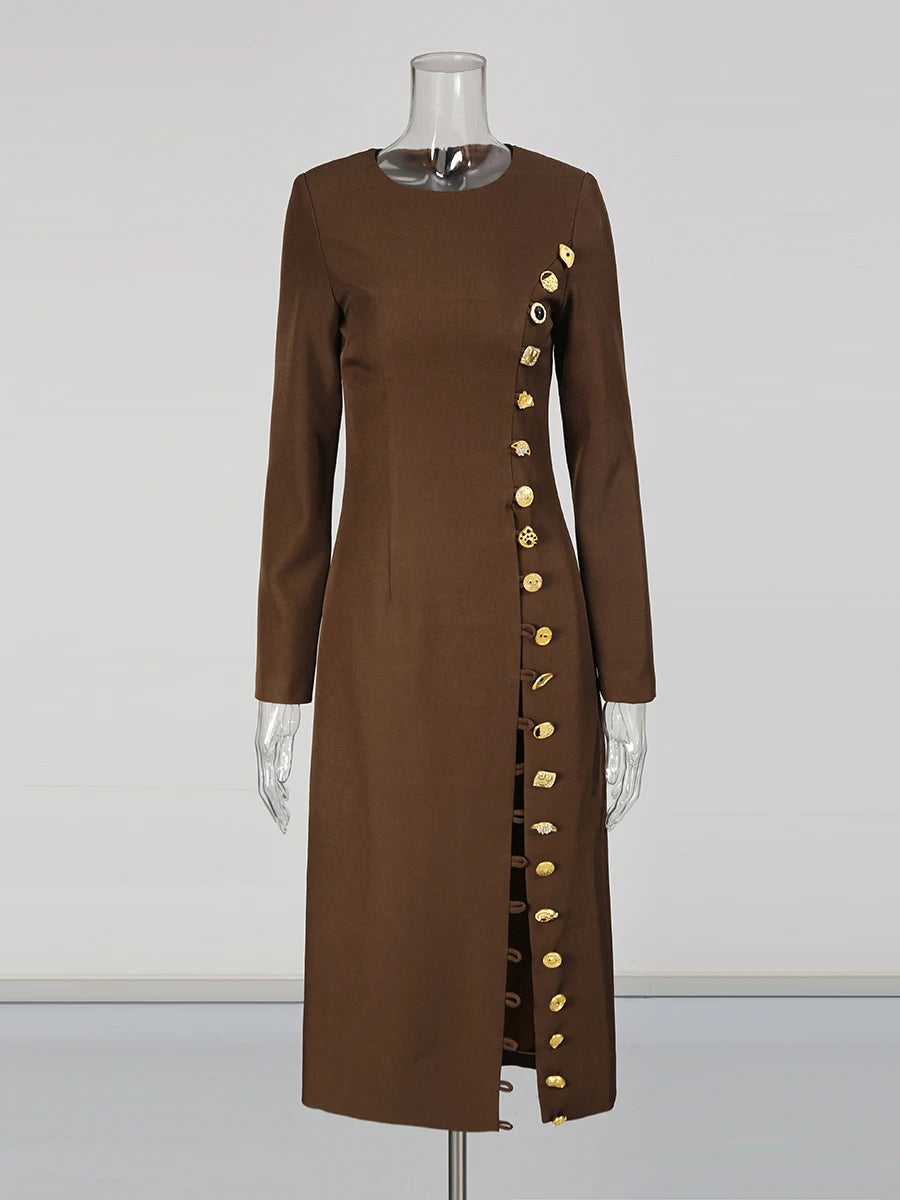 Solid Slimming Spliced Breasted Fashion Dresses for Women Round Neck Long Sleeves High Waist Dress Female Clothing