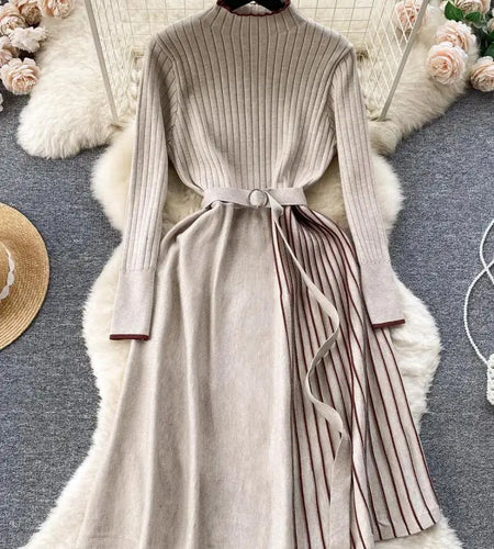 Autumn Fashion New Knitted Straight Patchwork Party Long Dress Korean Women's Half High Neck Elegant Casual Sweater Warm Dresses