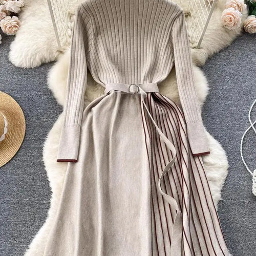 Load image into Gallery viewer, Autumn Fashion New Knitted Straight Patchwork Party Long Dress Korean Women's Half High Neck Elegant Casual Sweater Warm Dresses
