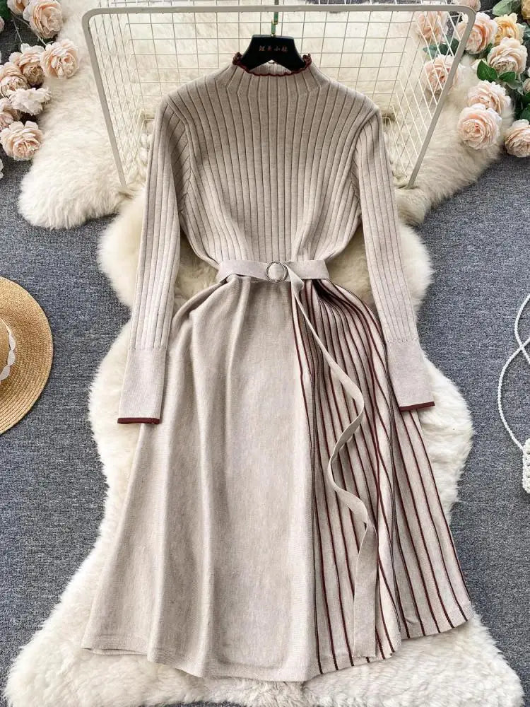 Autumn Fashion New Knitted Straight Patchwork Party Long Dress Korean Women's Half High Neck Elegant Casual Sweater Warm Dresses