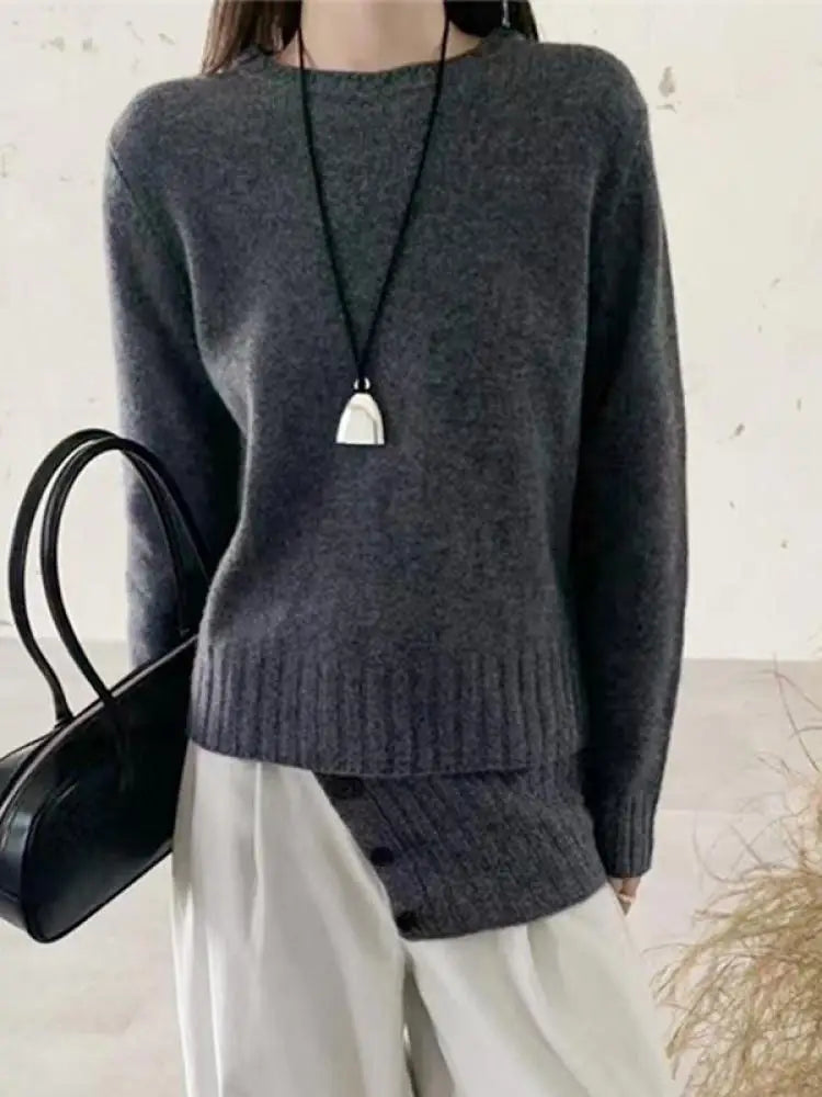 Autumn Winter Grey Long Sleeves Sweater Korean Fashion Women's Beige Holiday Knitted Scarf Tops Casual Versatile Simplicity Chic