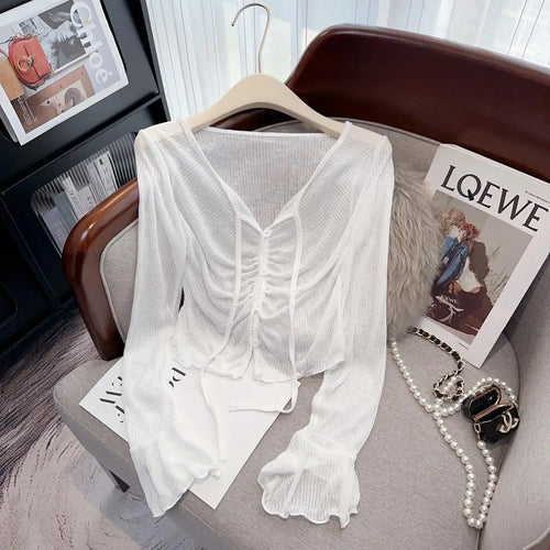 Load image into Gallery viewer, Summer Fashion 2025 New Yellow Pink V Neck Single Breasted Pleated Shirt Women White Slim Flared Long Sleeves Lace-up Tops Trend
