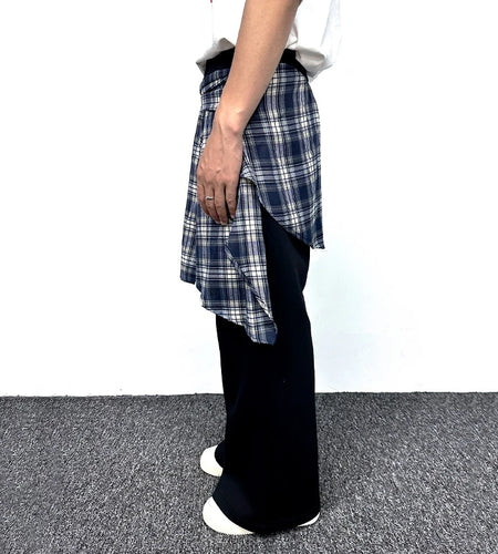 American Style Male Sweatpants High Street Fake Two-piece Spliced Plaid Peplum Design Solid Color Men's Pants 9W1857