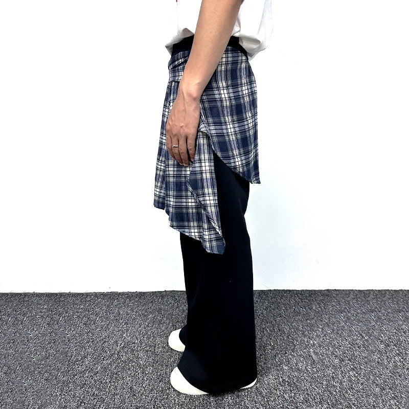 American Style Male Sweatpants High Street Fake Two-piece Spliced Plaid Peplum Design Solid Color Men's Pants 9W1857