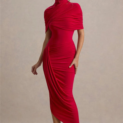 Load image into Gallery viewer, Half Sleeve Backless Ruched Sexy Maxi Dress Women Summer New Turtleneck Slim High Waist Evening Club Party Long Dress
