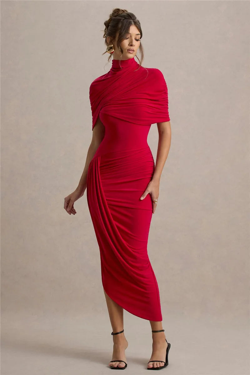 Half Sleeve Backless Ruched Sexy Maxi Dress Women Summer New Turtleneck Slim High Waist Evening Club Party Long Dress
