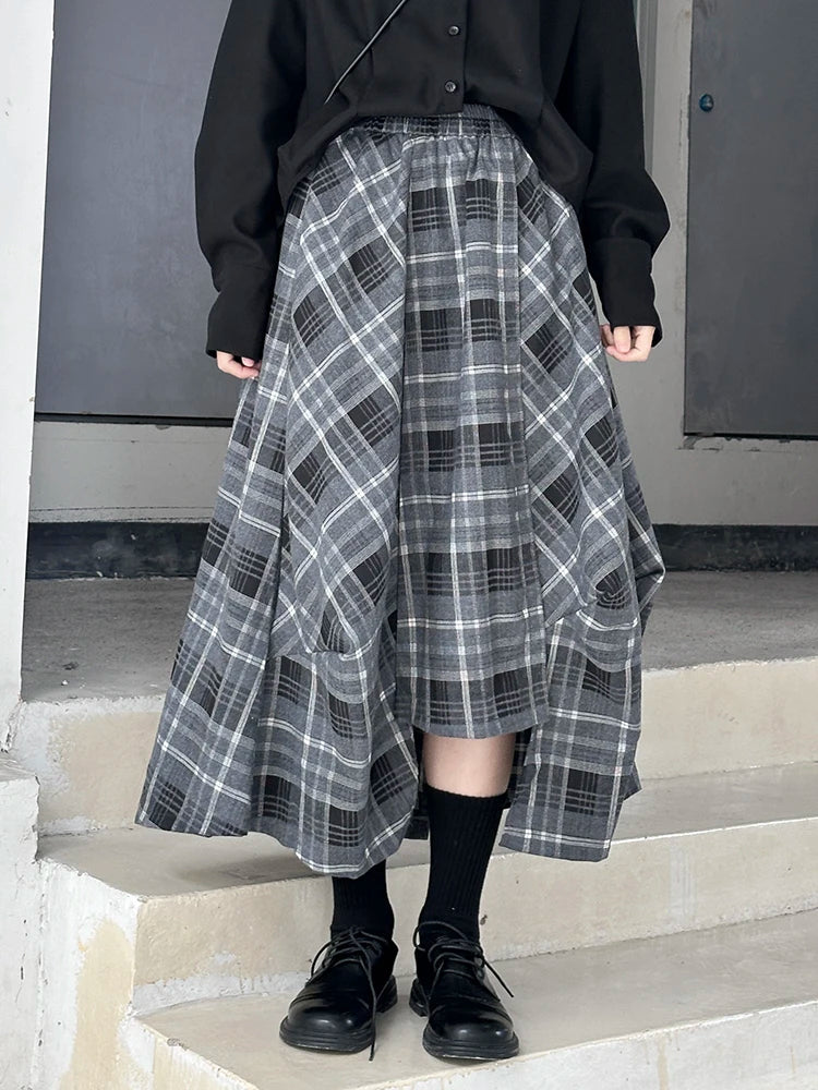 High Elastic Waist Black Plaid Irregular Design A-line Half-body Skirt Women Fashion Tide New Spring Autumn 2025 1DH9207