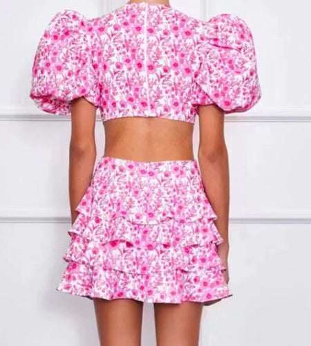 Vintage Print Dress For Women V Neck Short Puff Sleeve High Waist Cut Out Colorblock Mini Dresses Female Summer Clothing New