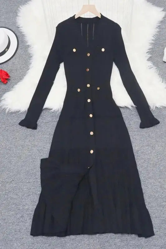 Korean 2024 New Spring Autumn Solid Temperament V-neck Knitted Dresses Women's Elegant Long Sleeve Office Buttons Ruffles Dress