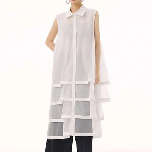 Load image into Gallery viewer, Women Black Layers Mesh Big Size Midi Vest Shirt Dress New Lapel Sleeveless Fashion Tide Spring Summer 2025 1DH9472
