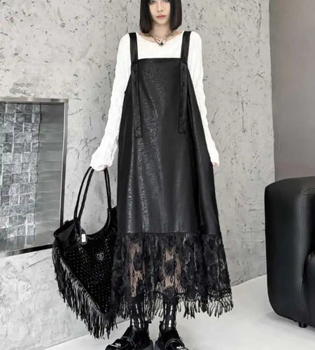 Women Black Pu Leather Hem Lace Big Size Strap Dress New Square Collar Sleeveless Fashion Tide Spring Autumn 2025 1DH7279