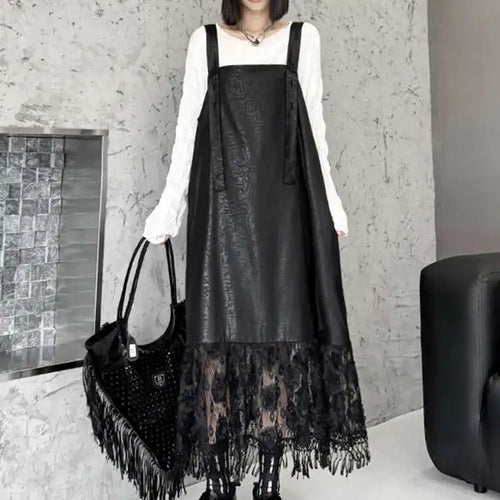 Load image into Gallery viewer, Women Black Pu Leather Hem Lace Big Size Strap Dress New Square Collar Sleeveless Fashion Tide Spring Autumn 2025 1DH7279

