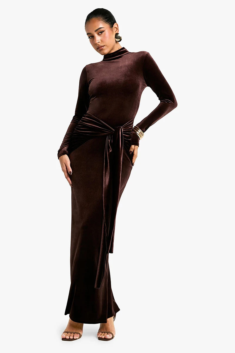 Velvet Long Sleeve Sexy Maxi Dress For Women Autumn Winter New Turtleneck Draped Ruched Bodycon Sexy Long Dress