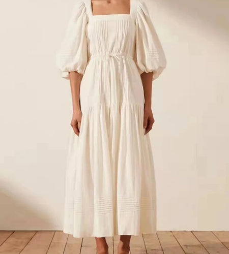 White Backless Dress For Women Square Collar Puff Sleeve High Waist Solid Lace Up Midi Dresses Female Fashion 2022 Clothing