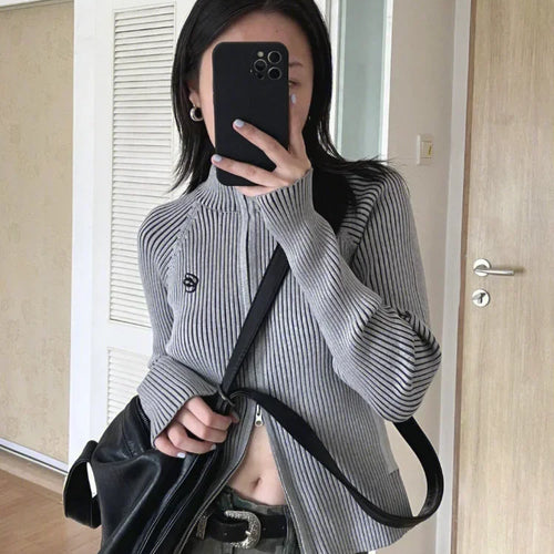 Load image into Gallery viewer, Autumn Double Zip Up Ribbed Cardigan Jackets Women Embroidery Knitted Sweater Slim Stand Collar Y2k Harajuku Grunge Knit
