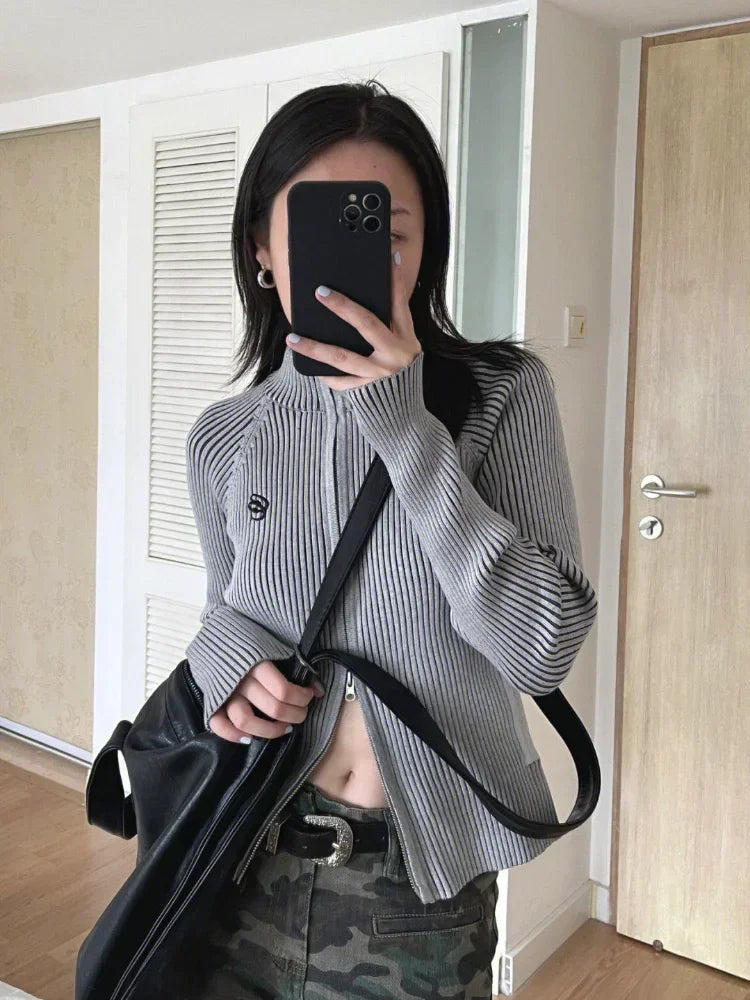 Autumn Double Zip Up Ribbed Cardigan Jackets Women Embroidery Knitted Sweater Slim Stand Collar Y2k Harajuku Grunge Knit