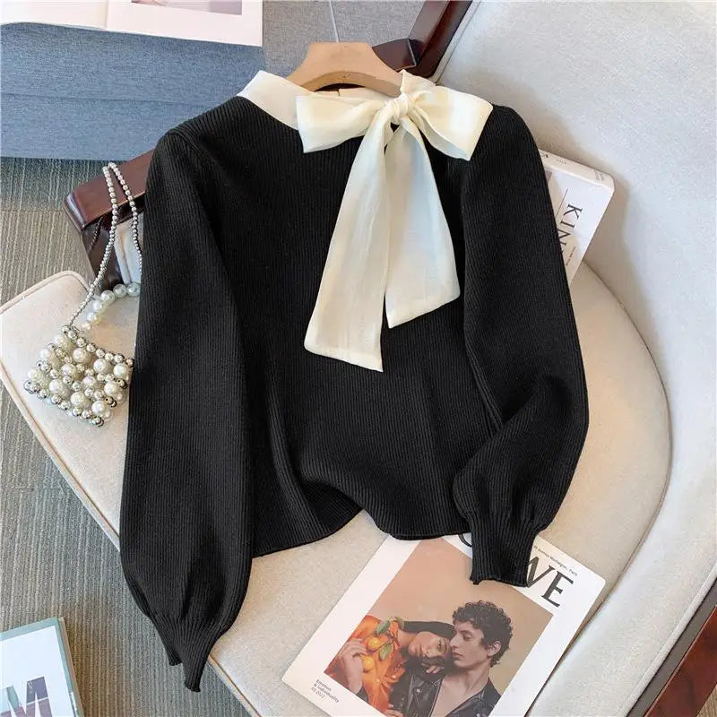 Black Patchwork Bow Collar Women Elegant Sweater Korean Chic Slim Knitted Long Sleeve Office Lady Pullover Top Autumn Winter New