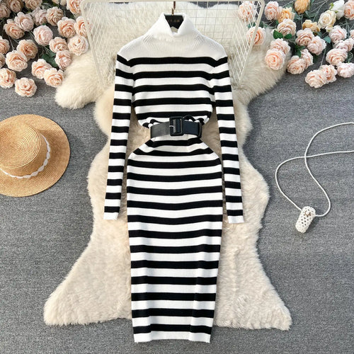 Load image into Gallery viewer, Autumn Winter Patchwork Stripe Knit Long Dress Female Fashion Medium Length High Neck Warm Loose Slim Sweater Dress Women French
