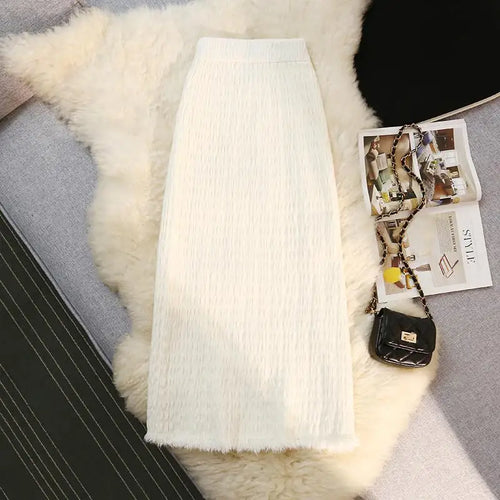 Load image into Gallery viewer, Women Solid Straight Slim Knitted Midi Skirt 2023 Autumn Winter Vintage Elegant Elastic High Waist Tassel Wrap Hip Skirts Female
