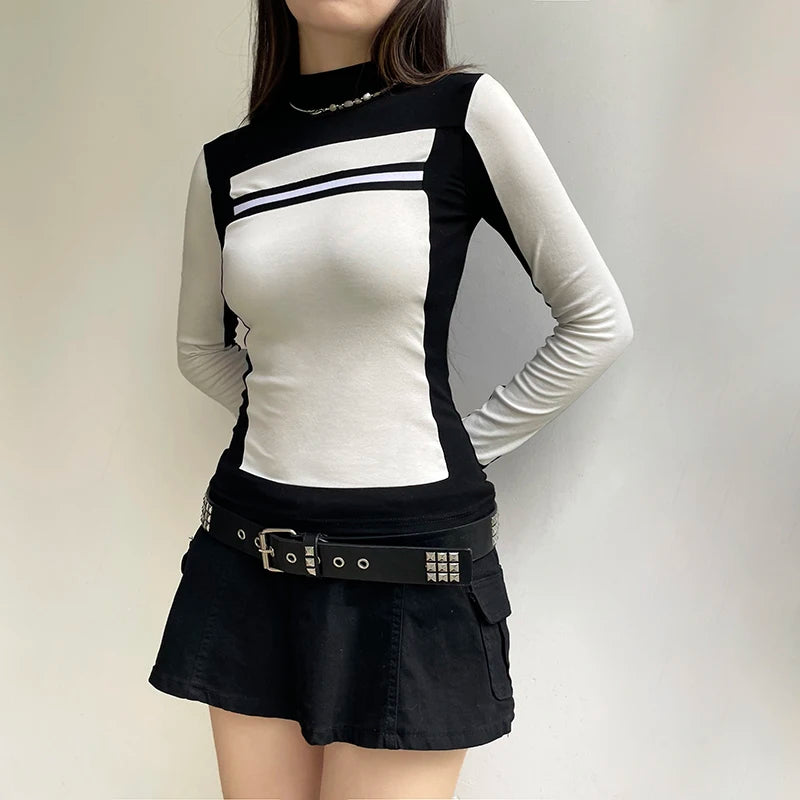 Casual Black White Autumn Pullover Top Skinny Patchwork Turtleneck Tee Shirt Women Basic Long Sleeve Contrast Outfits