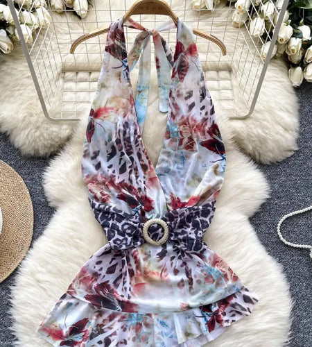 French Retro Summer Print Elegant Sexy Club V-neck Halter Lace-up Tops Women Backless Fashion Irregular Pleated Vest Clothes New