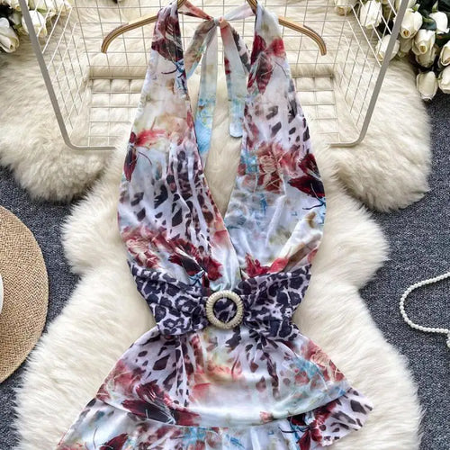 Load image into Gallery viewer, French Retro Summer Print Elegant Sexy Club V-neck Halter Lace-up Tops Women Backless Fashion Irregular Pleated Vest Clothes New
