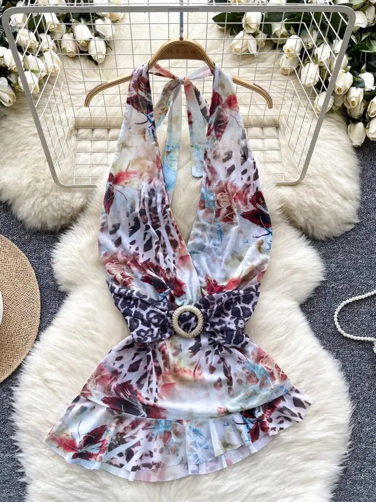 French Retro Summer Print Elegant Sexy Club V-neck Halter Lace-up Tops Women Backless Fashion Irregular Pleated Vest Clothes New