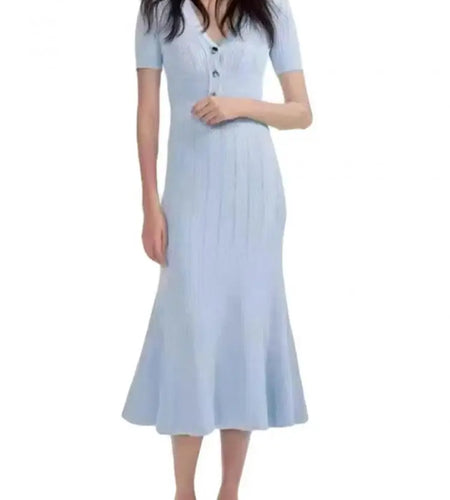 Korean Summer Black White Elegant Office Knit Long Dress Women Blue Red V-neck Slim Short Sleeve Single Breasted Fishtail Dress