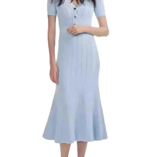 Load image into Gallery viewer, Korean Summer Black White Elegant Office Knit Long Dress Women Blue Red V-neck Slim Short Sleeve Single Breasted Fishtail Dress
