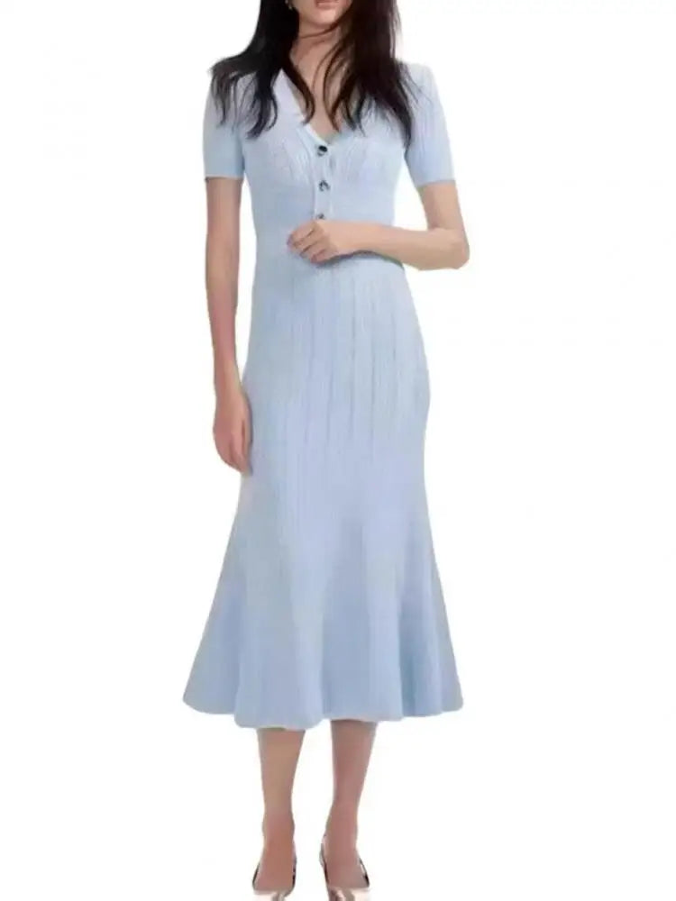 Korean Summer Black White Elegant Office Knit Long Dress Women Blue Red V-neck Slim Short Sleeve Single Breasted Fishtail Dress