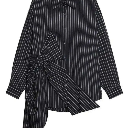 Load image into Gallery viewer, Women Black Striped Bow Irregular Big Size Blouse New Lapel Long Sleeve Shirt Fashion Tide Spring Autumn 2025 1DH5046
