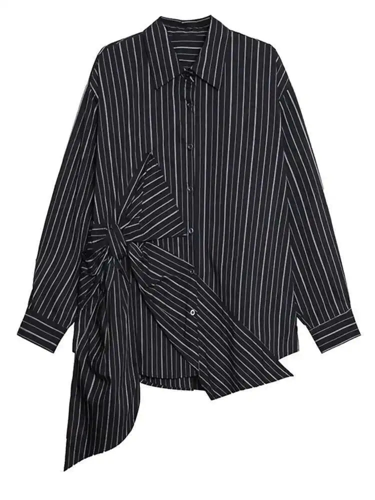 Women Black Striped Bow Irregular Big Size Blouse New Lapel Long Sleeve Shirt Fashion Tide Spring Autumn 2025 1DH5046
